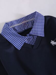 SHEIN 青少年女孩學院風純色海軍藍層次格紋襯衫領加厚抓絨內裡套頭運動衫印花上衣 校園日常休閒服飾 - 藏蓝色 - 查看 4