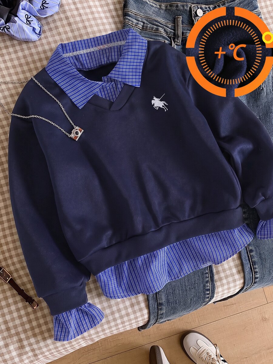 SHEIN 青少年女孩學院風純色海軍藍層次格紋襯衫領加厚抓絨內裡套頭運動衫印花上衣 校園日常休閒服飾 - 藏蓝色 - 查看 1