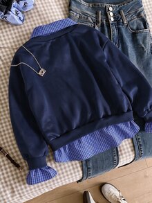 SHEIN 青少年女孩學院風純色海軍藍層次格紋襯衫領加厚抓絨內裡套頭運動衫印花上衣 校園日常休閒服飾 - 藏蓝色 - 查看 2