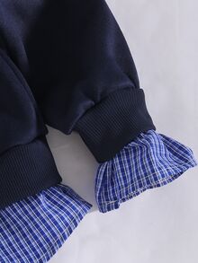 SHEIN 青少年女孩學院風純色海軍藍層次格紋襯衫領加厚抓絨內裡套頭運動衫印花上衣 校園日常休閒服飾 - 藏蓝色 - 查看 5