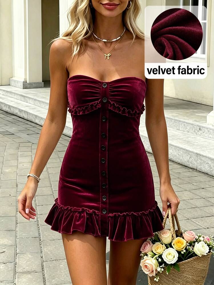 Cévolie Women's Fitted Mini Dress With Velvet Fabric, Front Button Decor, And Ruffle Hem Party Day Time Burgundy Summer Elegant - Burgundy - View 4