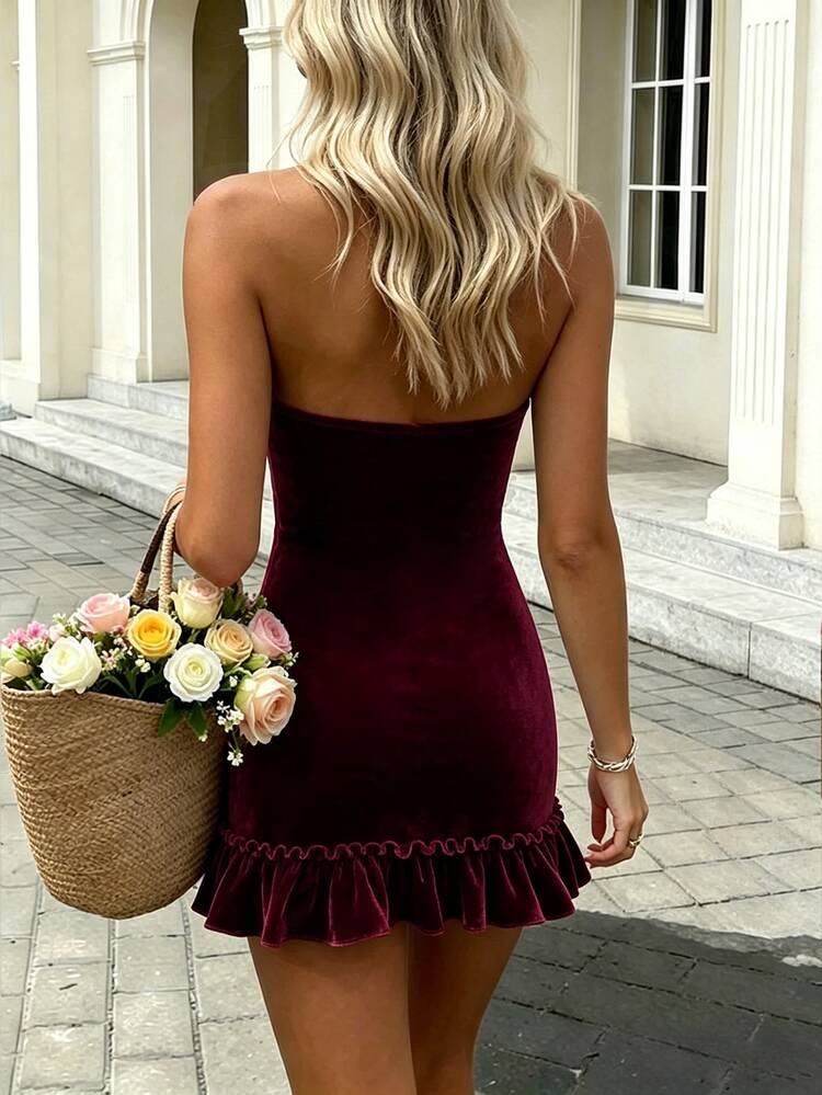 Cévolie Women's Fitted Mini Dress With Velvet Fabric, Front Button Decor, And Ruffle Hem Party Day Time Burgundy Summer Elegant - Burgundy - View 2