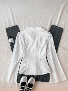 SHEIN 青少年女孩童裝休閒日常時尚學院風紋理布料白色修身襯衫，開學季，可搭配百褶裙 - 白色 - 查看 2