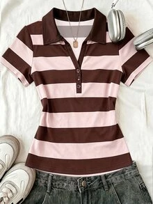 INAWLY 女款復古學院風條紋 Polo 衫，夏季新款修身顯瘦 V 領短袖 T-shirt 上衣 - 彩色 - 查看 3
