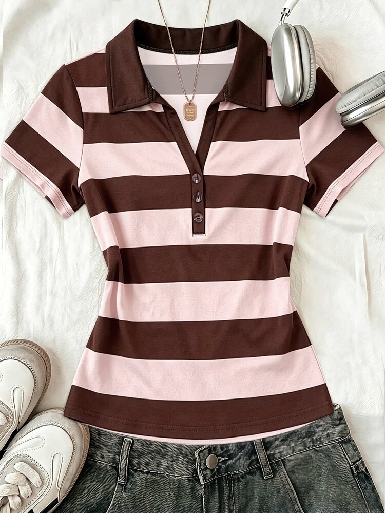 INAWLY 女款復古學院風條紋 Polo 衫，夏季新款修身顯瘦 V 領短袖 T-shirt 上衣 - 彩色 - 查看 3