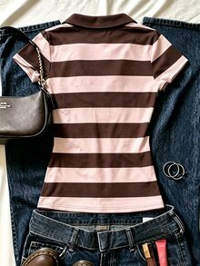 INAWLY 女款復古學院風條紋 Polo 衫，夏季新款修身顯瘦 V 領短袖 T-shirt 上衣 - 彩色 - 查看 2