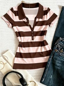 INAWLY 女款復古學院風條紋 Polo 衫，夏季新款修身顯瘦 V 領短袖 T-shirt 上衣 - 彩色 - 查看 4