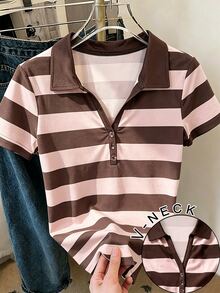 INAWLY 女款復古學院風條紋 Polo 衫，夏季新款修身顯瘦 V 領短袖 T-shirt 上衣 - 彩色 - 查看 5
