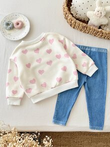 SHEIN Baby Girl Knitted Cute Heart Pattern Crew Neck Casual Sweatshirt And Long Pants 2 Pieces Set,Suitable For Autumn And Winter - Multicolor - View 2