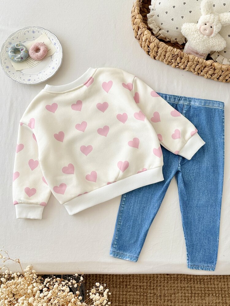 SHEIN Baby Girl Knitted Cute Heart Pattern Crew Neck Casual Sweatshirt And Long Pants 2 Pieces Set,Suitable For Autumn And Winter - Multicolor - View 2