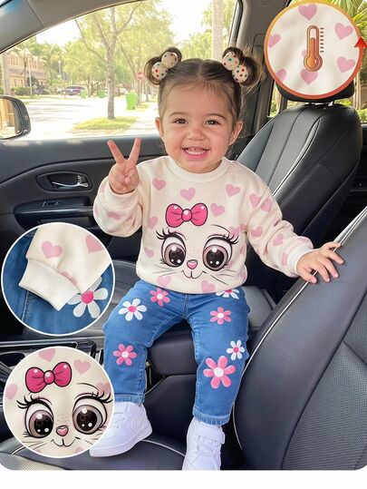 SHEIN Setelan 2 Potong Baju Sweatshirt Kasual Leher Bulat Motif Hati Lucu untuk Bayi Perempuan, Cocok untuk Musim Gugur dan Musim Dingin