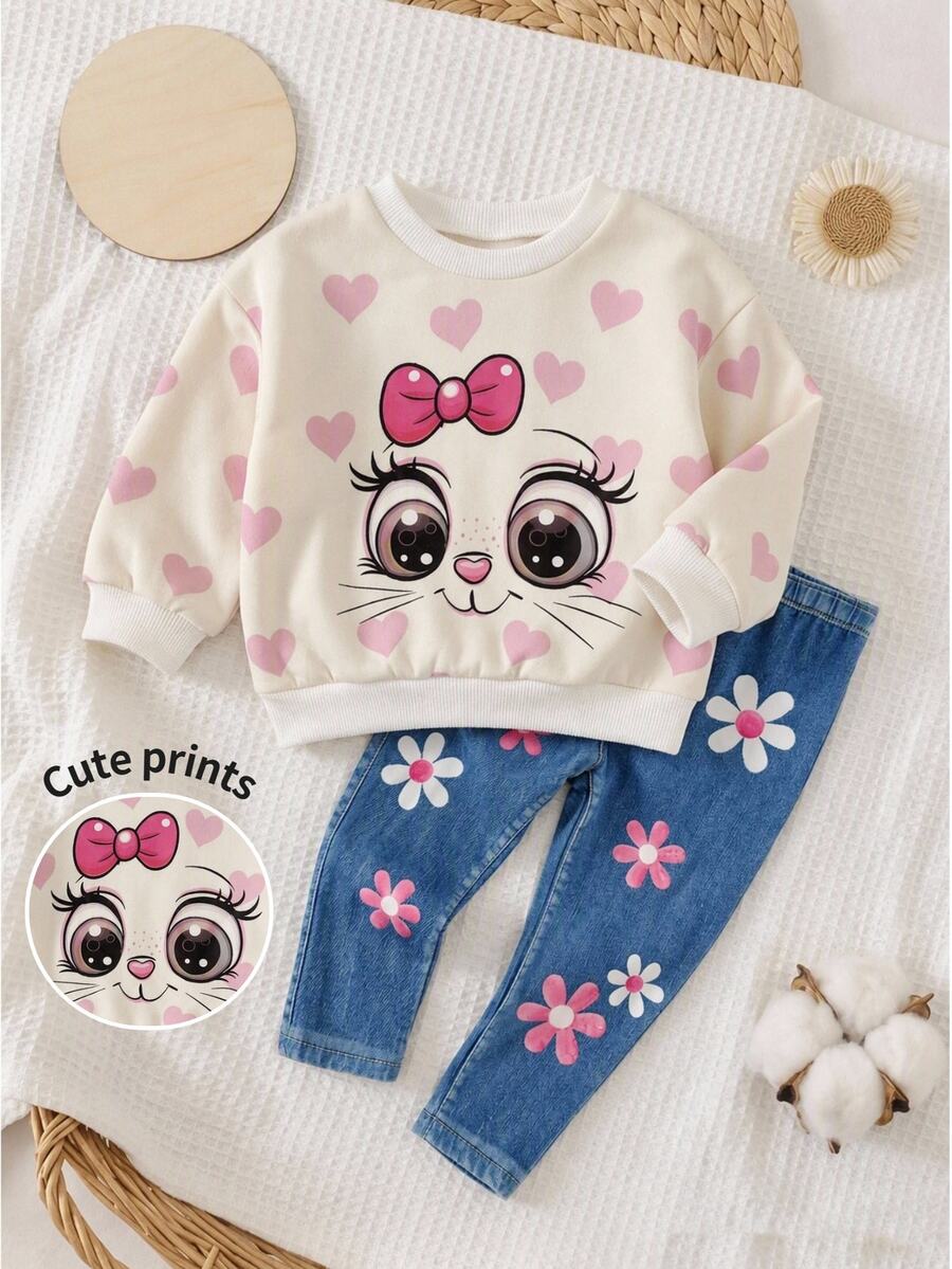 SHEIN Baby Girl Knitted Cute Heart Pattern Crew Neck Casual Sweatshirt And Long Pants 2 Pieces Set,Suitable For Autumn And Winter - Multicolor - View 1