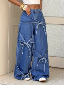 Rivivi Plus Size Women's Front Tie Wide Leg Loose Casual Denim Jeans - Blue - View 7