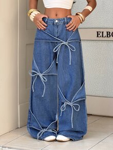 Rivivi Plus Size Women's Front Tie Wide Leg Loose Casual Denim Jeans - Blue - View 6