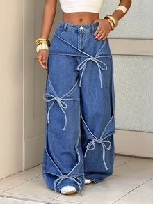Rivivi Plus Size Women's Front Tie Wide Leg Loose Casual Denim Jeans - Blue - View 1