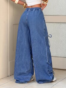 Rivivi Plus Size Women's Front Tie Wide Leg Loose Casual Denim Jeans - Blue - View 2