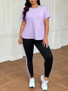 SHEIN Rhythm Era Plus Size Solid Color Hollow Out T-Shirt Contrast Color Leggings Sports Set Gym Sports Lavender Black Summer - Multicolor - View 7