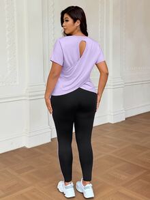 SHEIN Rhythm Era Plus Size Solid Color Hollow Out T-Shirt Contrast Color Leggings Sports Set Gym Sports Lavender Black Summer - Multicolor - View 4