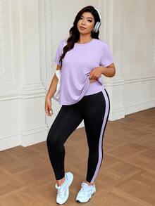 SHEIN Rhythm Era Plus Size Solid Color Hollow Out T-Shirt Contrast Color Leggings Sports Set Gym Sports Lavender Black Summer - Multicolor - View 6