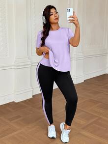 SHEIN Rhythm Era Plus Size Solid Color Hollow Out T-Shirt Contrast Color Leggings Sports Set Gym Sports Lavender Black Summer - Multicolor - View 5