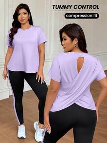SHEIN Rhythm Era Plus Size Solid Color Hollow Out T-Shirt Contrast Color Leggings Sports Set Gym Sports Lavender Black Summer - Multicolor - View 3