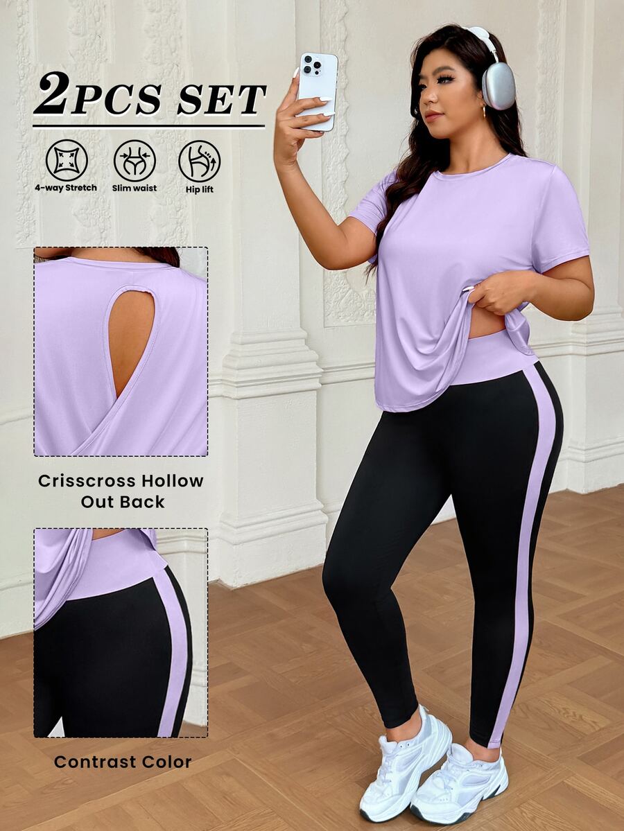 SHEIN Rhythm Era Plus Size Solid Color Hollow Out T-Shirt Contrast Color Leggings Sports Set Gym Sports Lavender Black Summer