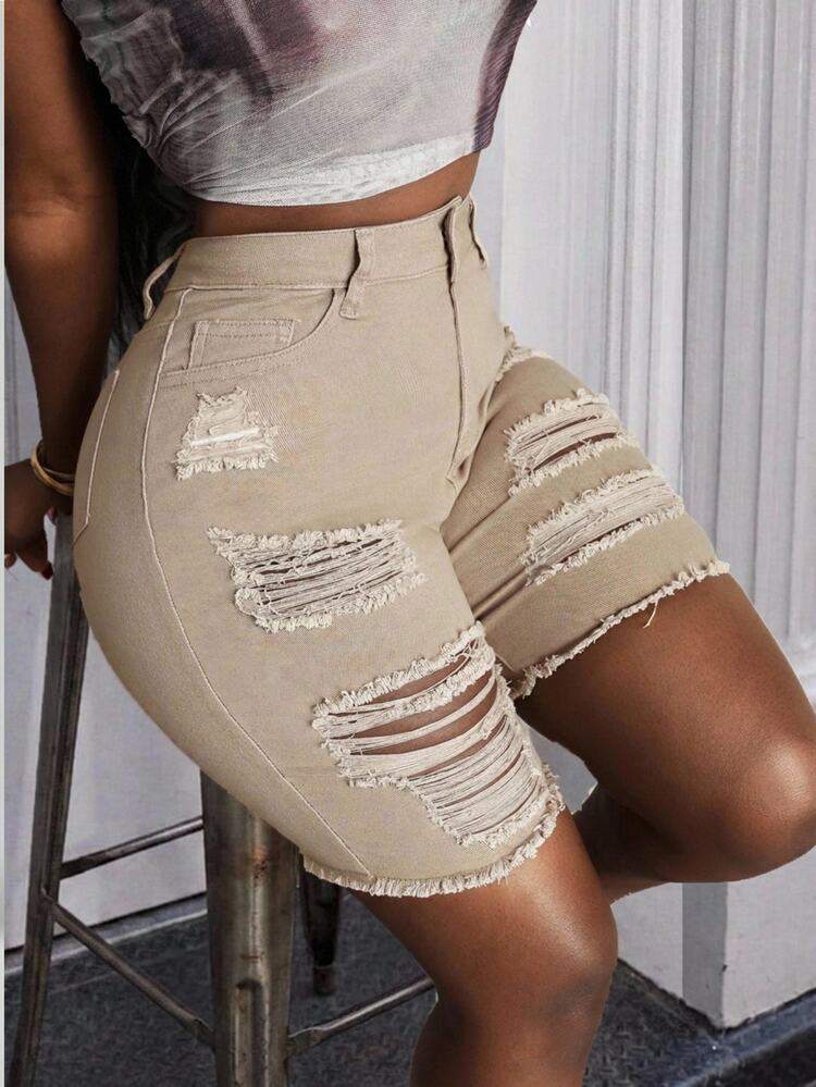 BriallanyX BriallanyX Women's Fashionable High-Waisted Skinny Denim Shorts With Distressed Design - Khaki - View 2