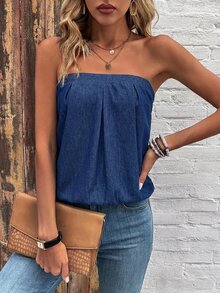 Everyssa Women's Pleated Casual Daily Knit Denim Tube Top - Blue - View 11