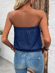 Everyssa Women's Pleated Casual Daily Knit Denim Tube Top - Blue - View 3