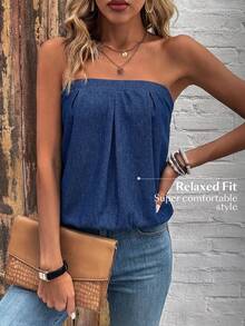 Everyssa Women's Pleated Casual Daily Knit Denim Tube Top - Blue - View 2