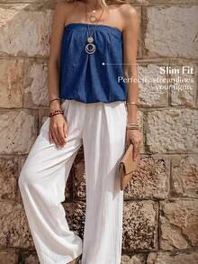 Everyssa Women's Pleated Casual Daily Knit Denim Tube Top - Blue - View 5
