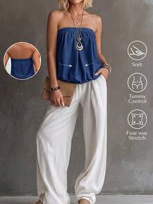 Everyssa Women's Pleated Casual Daily Knit Denim Tube Top - Blue - View 1