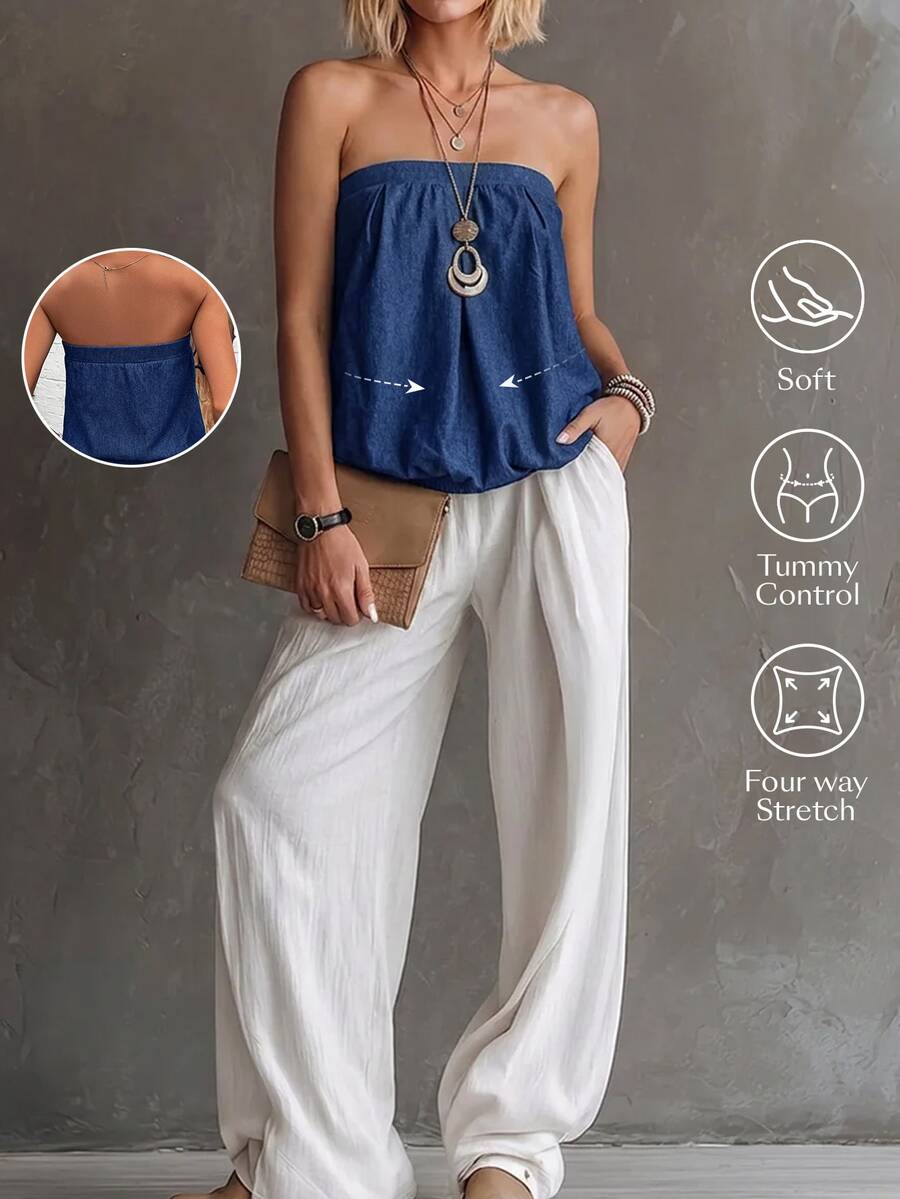 Everyssa Women's Pleated Casual Daily Knit Denim Tube Top - Blue - View 1