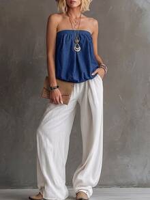 Everyssa Women's Pleated Casual Daily Knit Denim Tube Top - Blue - View 10