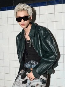 ROMWE MEN Street Life جاكيت رجالي موضة بنسيج محبوك بطراز عتيق - أخضر داكن - مشاهدة 11