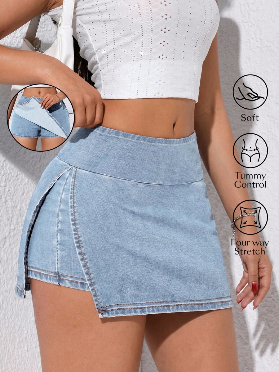 Flexra Women's Summer Casual Side Slit Denim Skirt - Blue - View 1