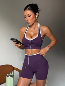 Dewbera Dewbera 女款條紋拼色百褶掛脖背心與修身短褲運動套裝 - 紫色 - 查看 5