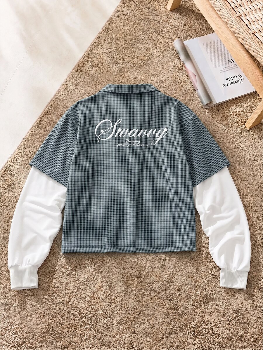 SWAVVY Men's Letter Pattern 2 In 1 Patchwork Casual Daily Wear Shirt - Blue - View 1