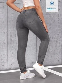 SHEIN Tall 女款休閒做舊修身牛仔褲，適合高個女性 - 灰色 - 查看 2