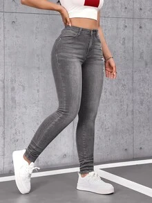 SHEIN Tall 女款休閒做舊修身牛仔褲，適合高個女性 - 灰色 - 查看 3