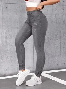 SHEIN Tall 女款休閒做舊修身牛仔褲，適合高個女性 - 灰色 - 查看 4
