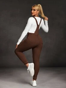 BriallanyX BriallanyX 女士口袋破洞紧身休闲百搭牛仔背带连体裤摩卡慕斯装棕色连体裤女士棕色紧身衣棕色连体裤 - 咖啡棕 - 查看 6