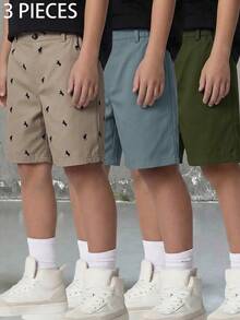 男童简约廓形三件套长裤短裤套装，卡其色、黑色、马匹印花，休闲校园风，舒适百搭的柔软面料，适合日常穿着、旅行、度假、海滩度假、春夏季节。 - 彩色 - 查看 4