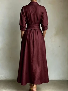 SHEIN 女款簡約休閒襯衫領洋裝 - 酒紅色 - 查看 2