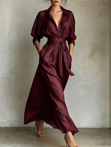 SHEIN 女款簡約休閒襯衫領洋裝 - 酒紅色 - 查看 3