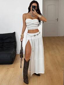SHEIN Coolane Petite 女款小碼夏季秋季波希米亞風派對鄉村音樂節度假穿搭 白色開衩低腰長裙 小碼友善迷你裙 - 白色 - 查看 2