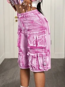 Slaydiva Women's Cargo Pocket Wide Leg Denim Shorts - Pink - View 3