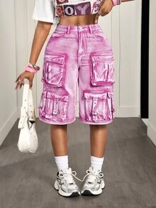 Slaydiva Women's Cargo Pocket Wide Leg Denim Shorts - Pink - View 8