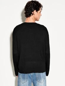 Colvenic Men's Fashion Versatile Button Half-Placket Long Sleeve Knit Top - Black - View 5