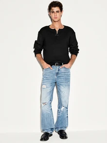 Colvenic Men's Fashion Versatile Button Half-Placket Long Sleeve Knit Top - Black - View 4